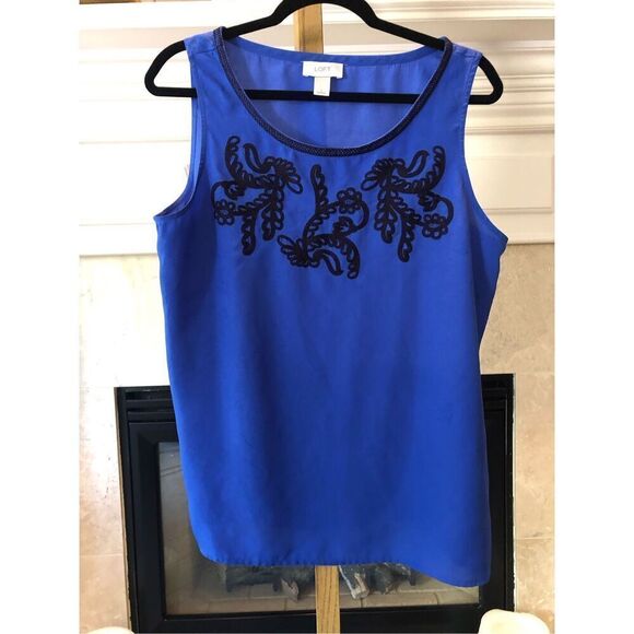 Loft Women’s Blue and Black Embroidered Pattern Tank Blouse Size L - Picture 1 of 6